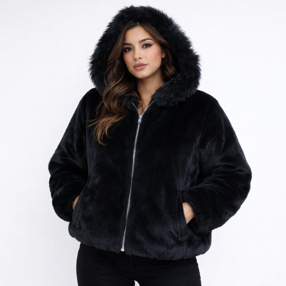 Navy Blue Faux Fur Bomber Jacket